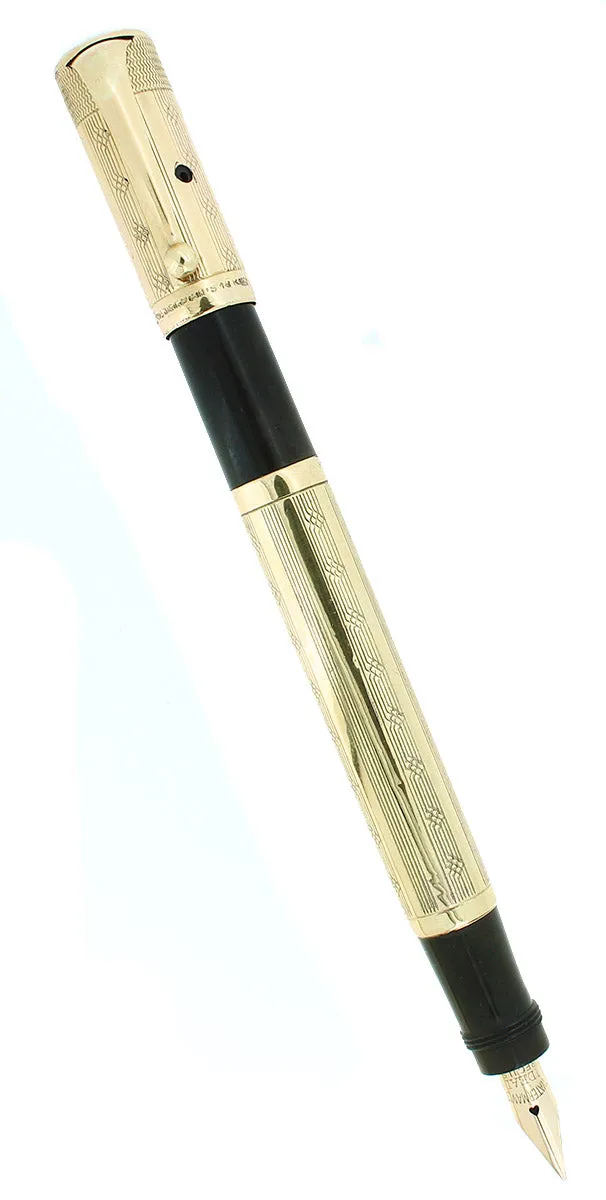 1920S WATERMAN 42 ITALIAN 18KR ROLLED GOLD GUILLOCHE WET NOODLE 2.38MM FLEX NIB SAFETY PEN RESTORED