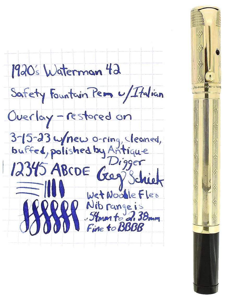 1920S WATERMAN 42 ITALIAN 18KR ROLLED GOLD GUILLOCHE WET NOODLE 2.38MM FLEX NIB SAFETY PEN RESTORED