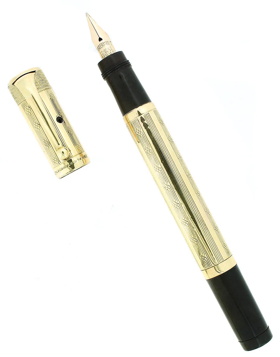1920S WATERMAN 42 ITALIAN 18KR ROLLED GOLD GUILLOCHE WET NOODLE 2.38MM FLEX NIB SAFETY PEN RESTORED