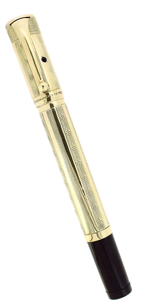 1920S WATERMAN 42 ITALIAN 18KR ROLLED GOLD GUILLOCHE WET NOODLE 2.38MM FLEX NIB SAFETY PEN RESTORED