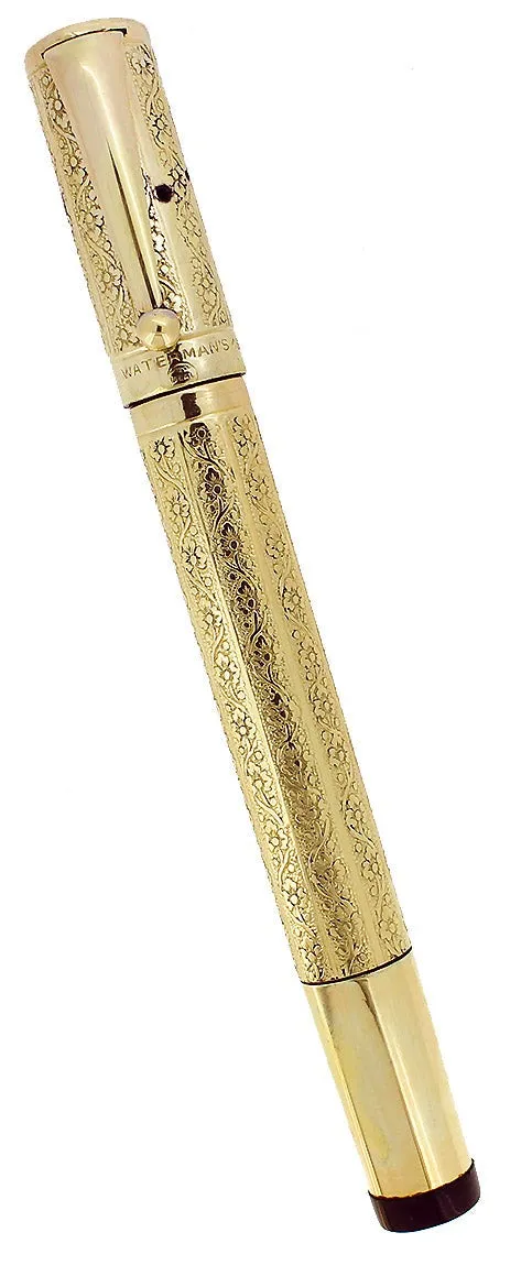 1920S WATERMAN 42 ROLLED GOLD 18KR VINE & LEAF GUILLOCHE SAFETY PEN F-BBB 2.20MM FLEX NIB RESTORED