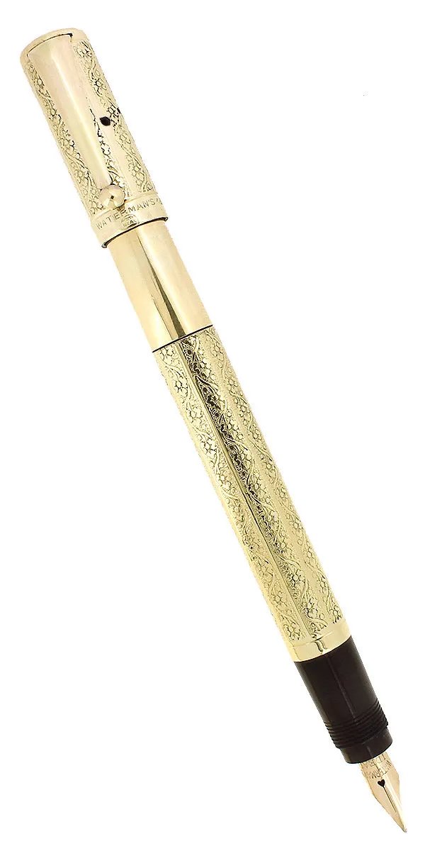 1920S WATERMAN 42 ROLLED GOLD 18KR VINE & LEAF GUILLOCHE SAFETY PEN F-BBB 2.20MM FLEX NIB RESTORED