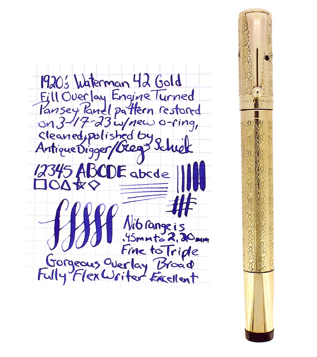 1920S WATERMAN 42 ROLLED GOLD 18KR VINE & LEAF GUILLOCHE SAFETY PEN F-BBB 2.20MM FLEX NIB RESTORED
