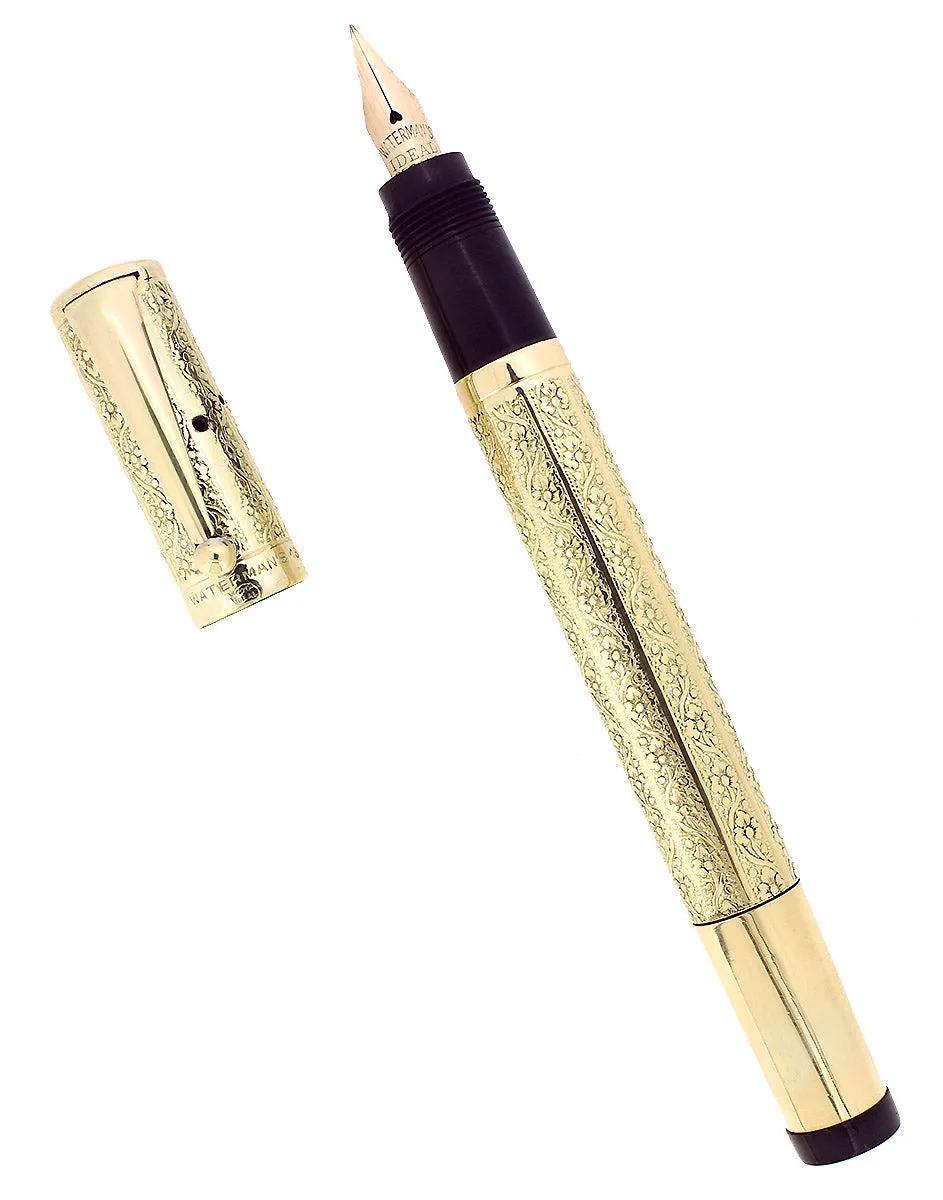 1920S WATERMAN 42 ROLLED GOLD 18KR VINE & LEAF GUILLOCHE SAFETY PEN F-BBB 2.20MM FLEX NIB RESTORED