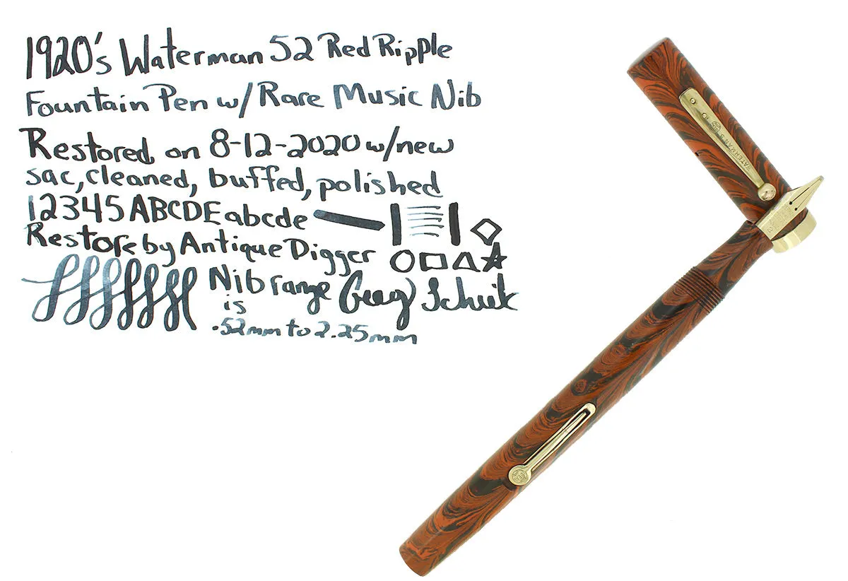 1920S WATERMAN #52 RED RIPPLE FOUNTAIN PEN RARE MUSIC NIB RESTORED