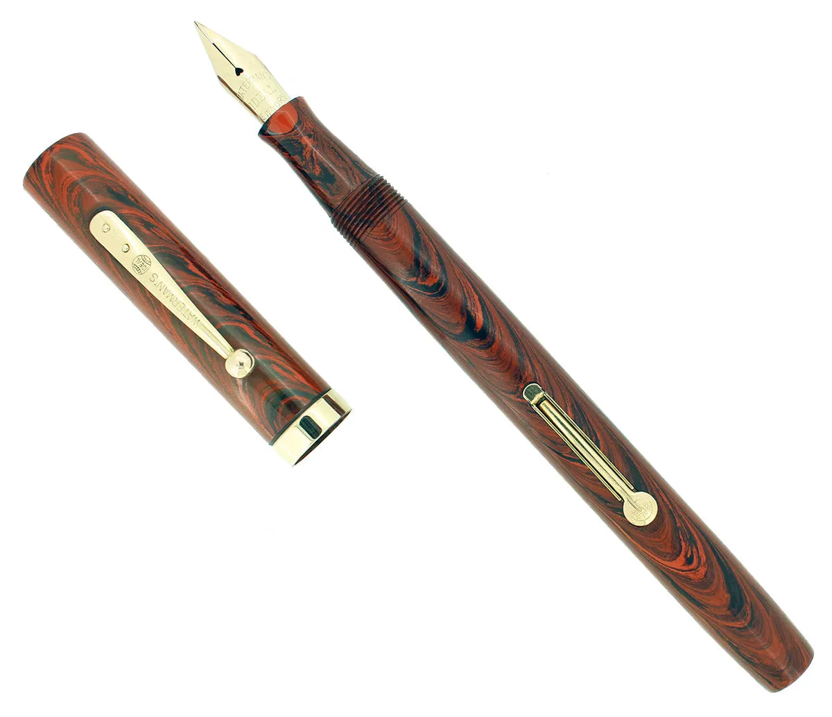 1920S WATERMAN #54 RED RIPPLE FOUNTAIN PEN F-BBB 2.38MM FLEX NIB RESTORED
