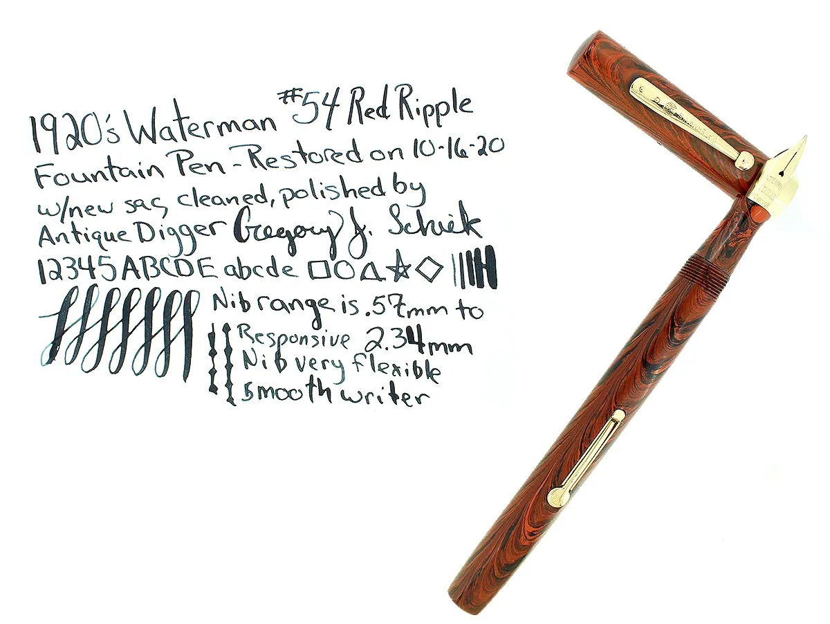 1920S WATERMAN #54 RED RIPPLE FOUNTAIN PEN F-BBB 2.38MM FLEX NIB RESTORED