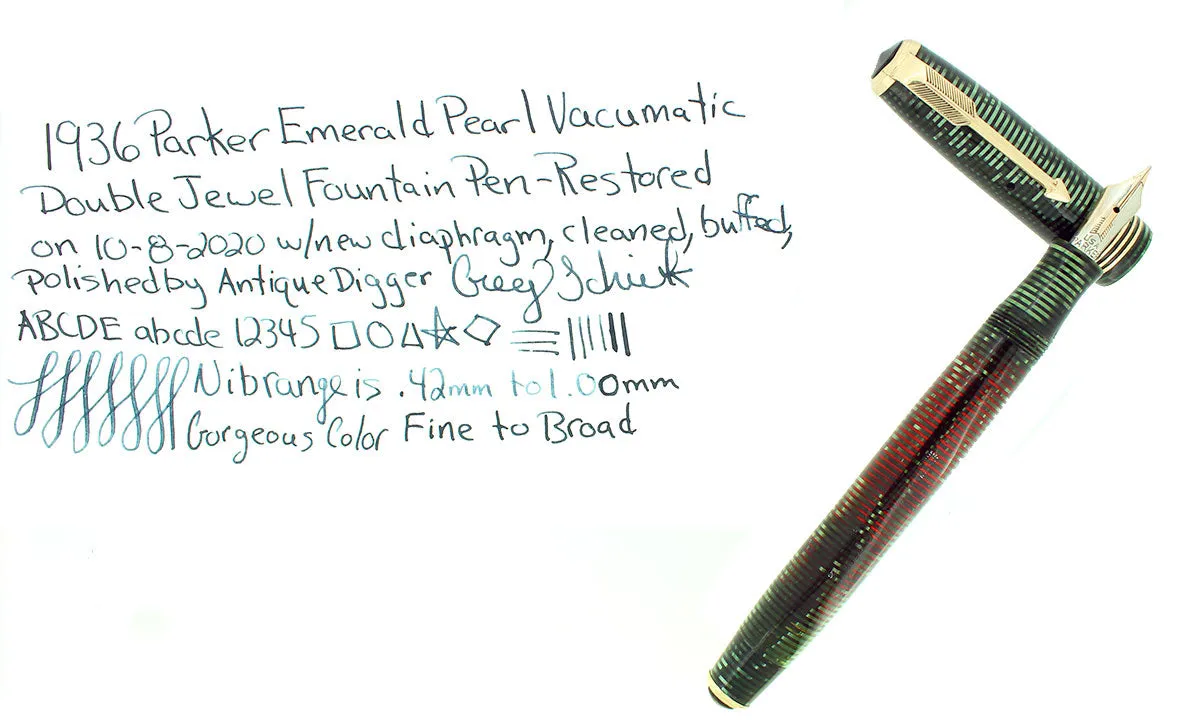 1936 PARKER VACUMATIC EMERALD PEARL DOUBLE JEWEL STANDARD FOUNTAIN PEN RESTORED