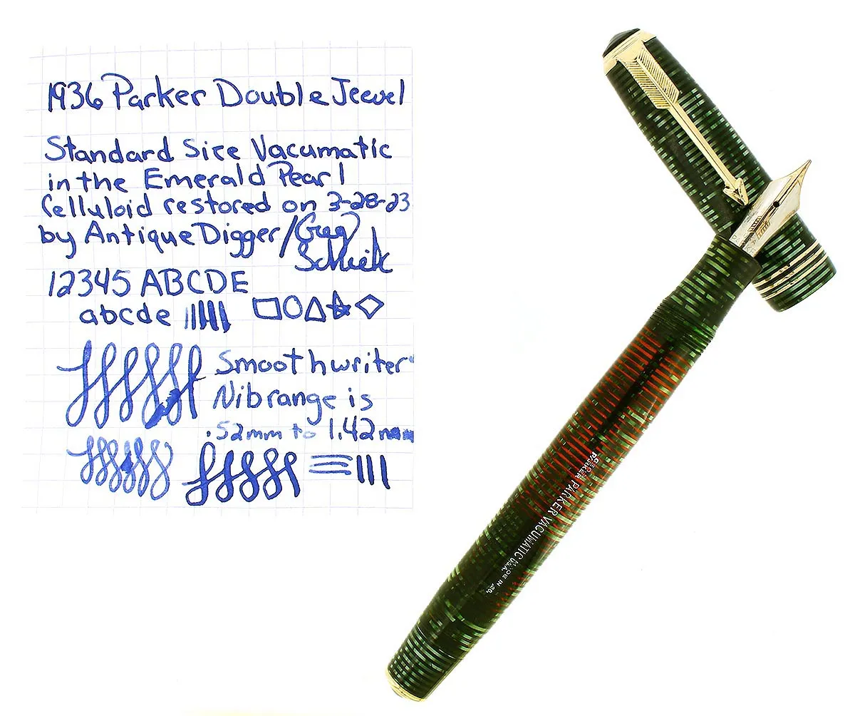 1936 PARKER VACUMATIC EMERALD PEARL STANDARD SIZE DOUBLE JEWEL FOUNTAIN PEN RESTORED
