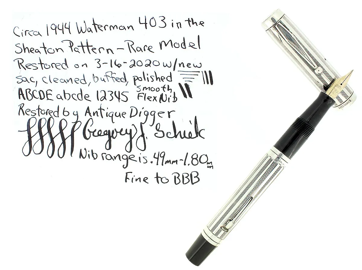 1944 WATERMAN 403 STERLING SHERATON OVERLAY FOUNTAIN PEN F-BBB FLEX NIB RESTORED