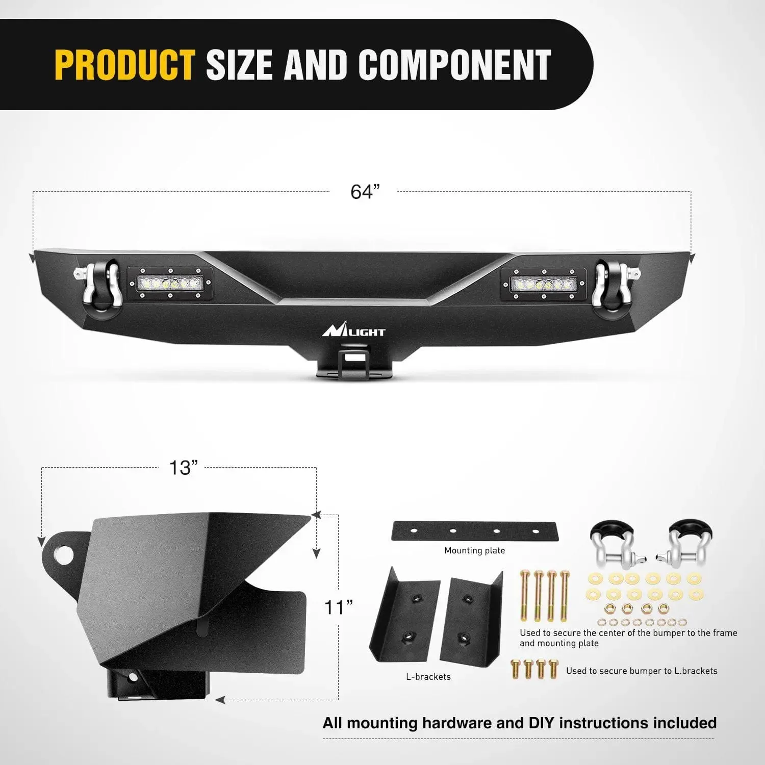 2007-2018 Jeep Wrangler JK Rear Bumper Rock Crawler Bumper with Hitch Receiver 2Pcs Upgraded 18W LED Lights Off Road Textured Black