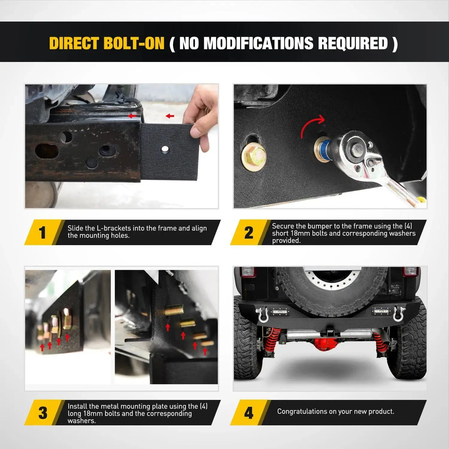 2007-2018 Jeep Wrangler JK Rear Bumper Rock Crawler Bumper with Hitch Receiver 2Pcs Upgraded 18W LED Lights Off Road Textured Black