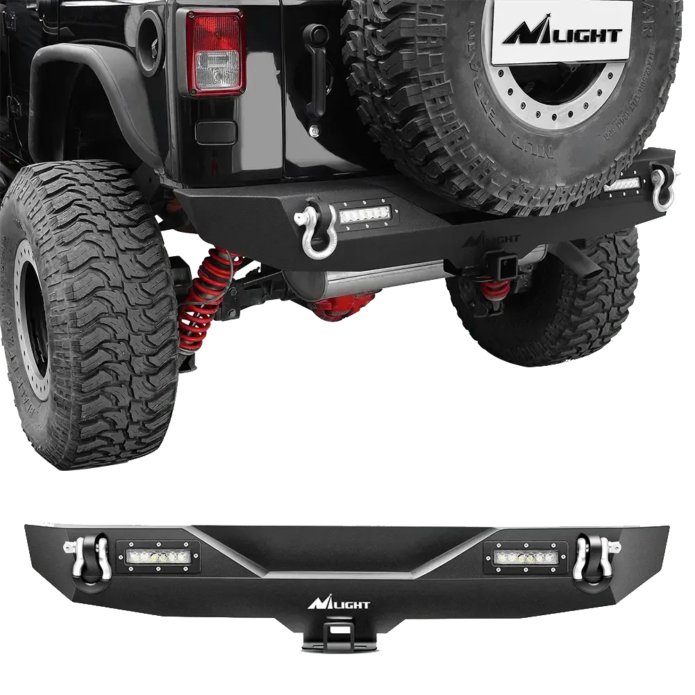 2007-2018 Jeep Wrangler JK Rear Bumper Rock Crawler Bumper with Hitch Receiver 2Pcs Upgraded 18W LED Lights Off Road Textured Black