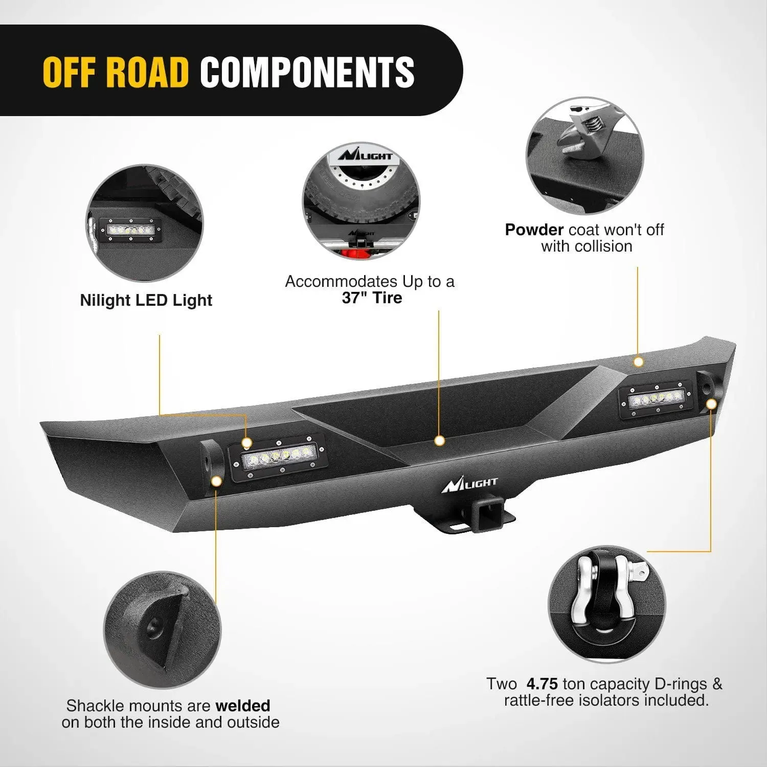 2007-2018 Jeep Wrangler JK Rear Bumper Rock Crawler Bumper with Hitch Receiver 2Pcs Upgraded 18W LED Lights Off Road Textured Black