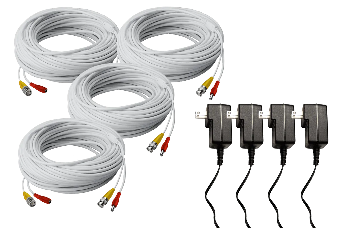 250FT high performance BNC Video/Power Cable & 12V Power Adapter for Lorex security camera systems (4-pack)