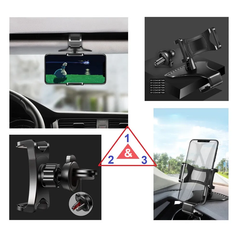 3 in 1 Car GPS Smartphone Holder: Dashboard / Visor Clamp   AC Grid Clip for BLU Dash JR K, D141k - Black