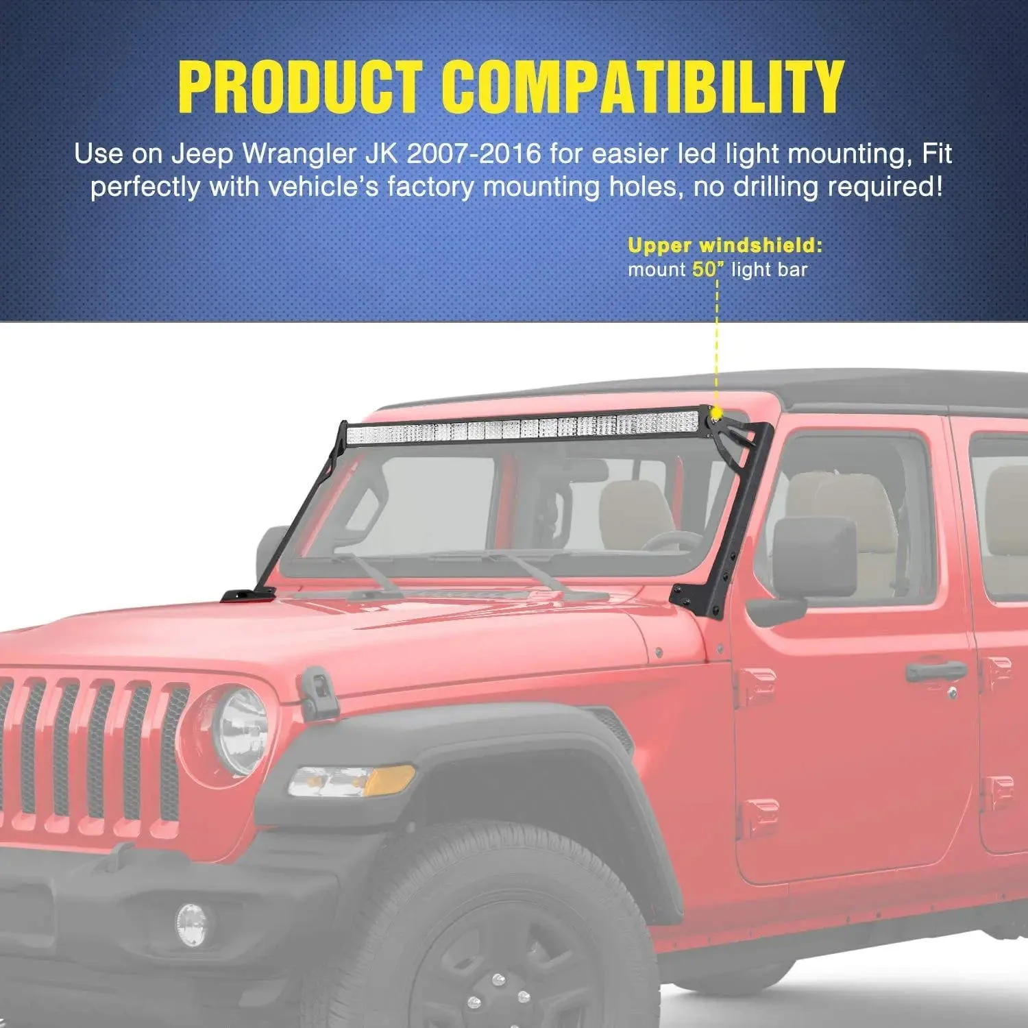 50 Inch Light Bar Windshield Frame Mounts For 2007-2017 Jeep Wrangler JK