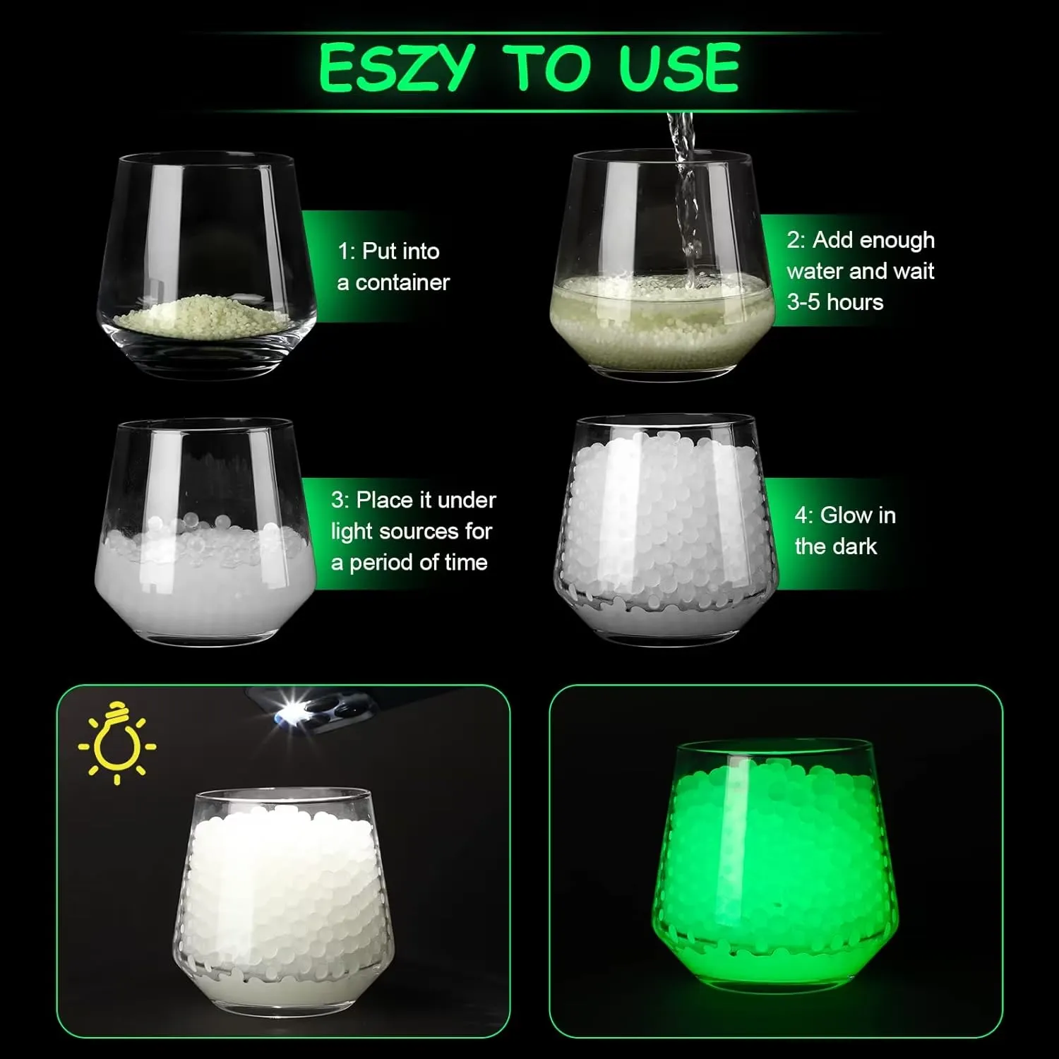 6 Pack Glow in The Dark Water Bullet Beads Gel Ammo,(70000 Pieces ) 7-8mm Water Luminous Beads Refill Ammo Fluorescence Green Splatter Gel for Toy Gun