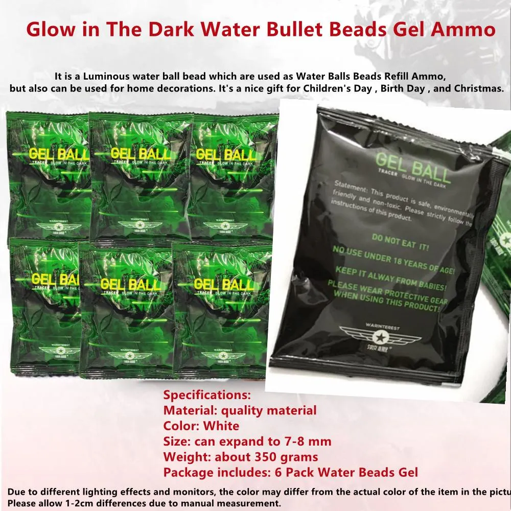 6 Pack Glow in The Dark Water Bullet Beads Gel Ammo,(70000 Pieces ) 7-8mm Water Luminous Beads Refill Ammo Fluorescence Green Splatter Gel for Toy Gun