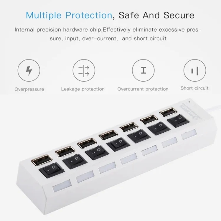 7 Ports USB Hub 2.0 USB Splitter High Speed 480Mbps with ON/OFF Switch / 7 LEDs