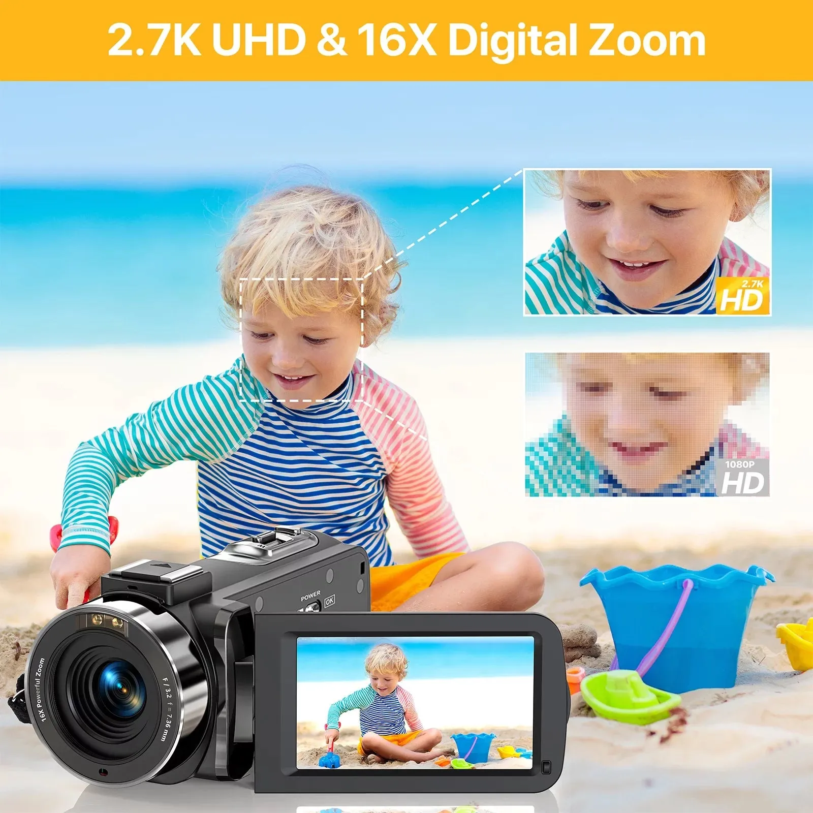 ACTITOP Video Camera Camcorder Ultra HD 2.7K 24FPS 36.0 MP IR Night Vision 3.0 Touch Screen 16X Digital Zoom