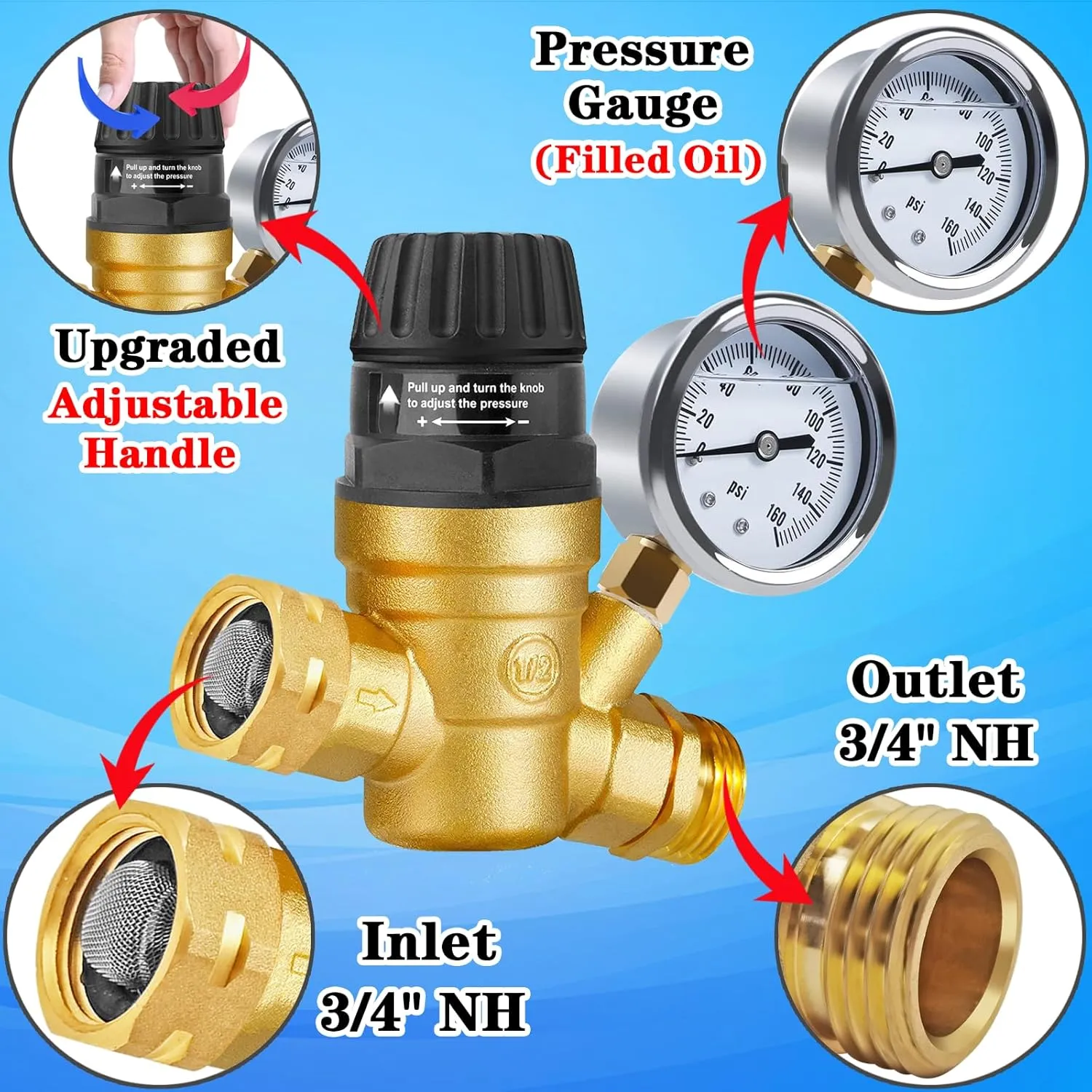 Adjustable RV Water Pressure Regulator for Campers