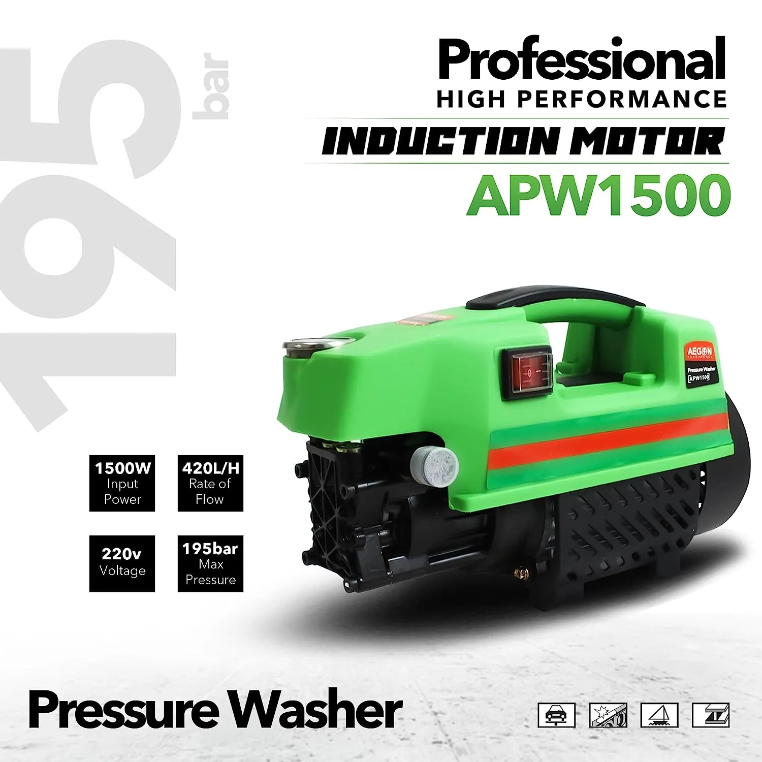 Aegon Powerful APW1500 High Pressure Washer, 1500W, 195 Bar, 420 L/h Flow Rate with 1.75m Hose, for Car, Bike & Home Cleaning
