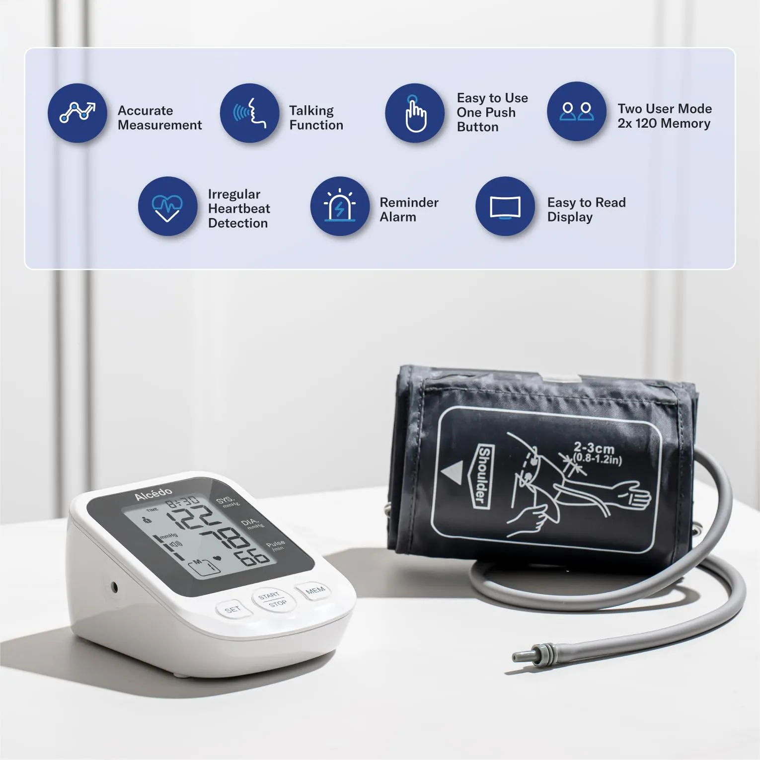 Alcedo Blood Pressure Monitor for Home Use, Accurate Upper Arm BP Machine with Large Cuff, Alarm Reminder, 2 x 120 Memory, Talking Function, FSA/HSA Eligible Grey