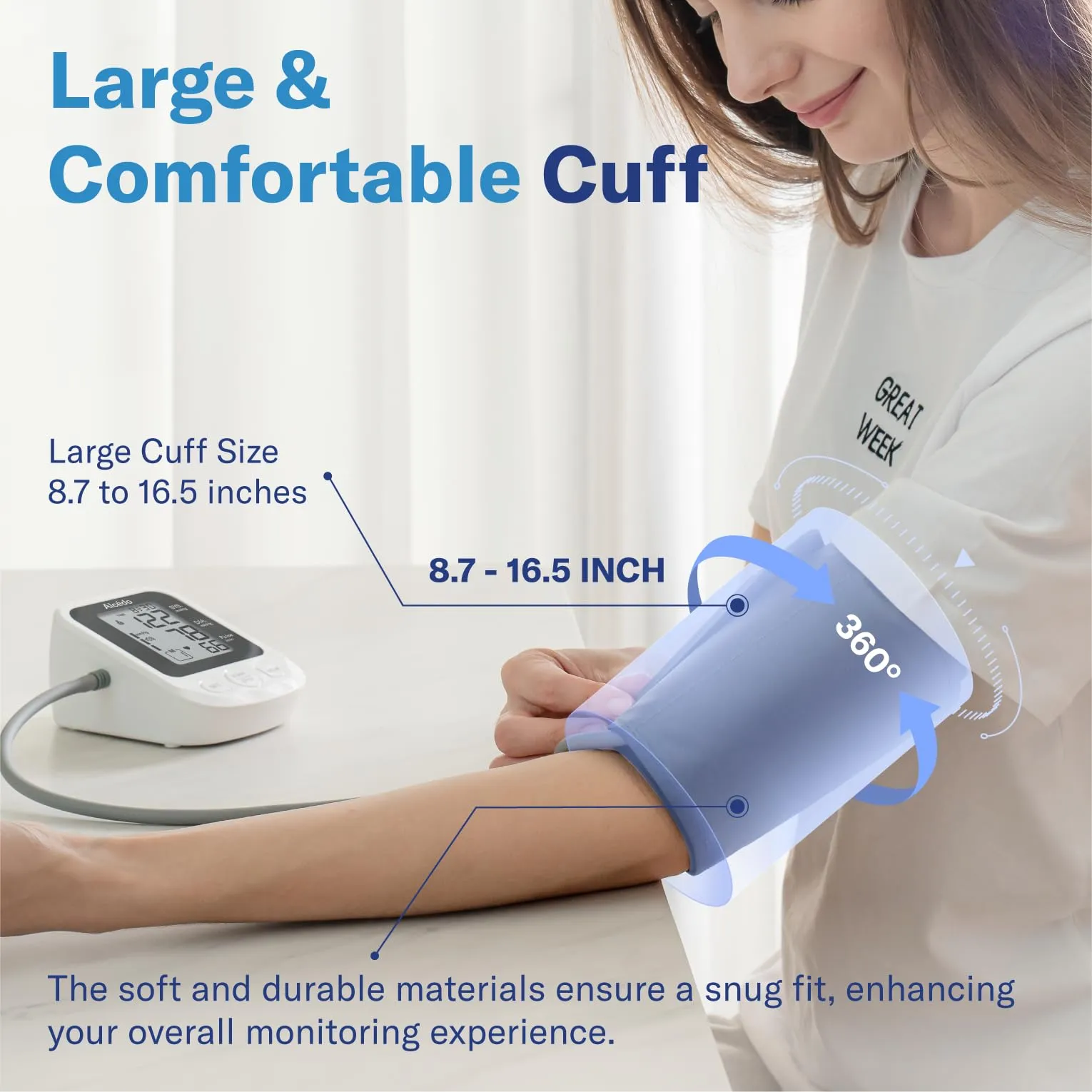 Alcedo Blood Pressure Monitor for Home Use, Accurate Upper Arm BP Machine with Large Cuff, Alarm Reminder, 2 x 120 Memory, Talking Function, FSA/HSA Eligible Grey