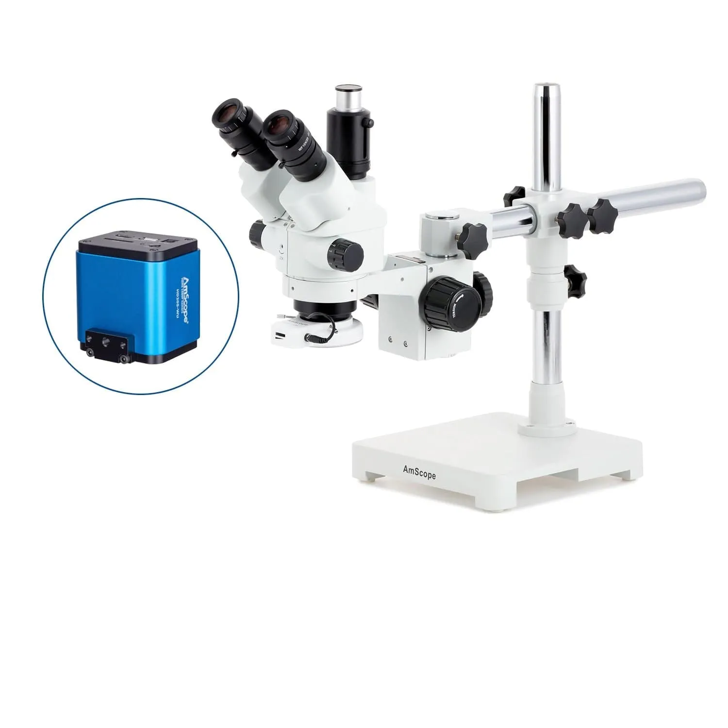 AmScope SM-3 Series Simul-Focal Lockable Zoom Trinocular Stereo Microscope with 144 LED Compact Ring Light and HDMI Camera on Single Arm Boom Stand