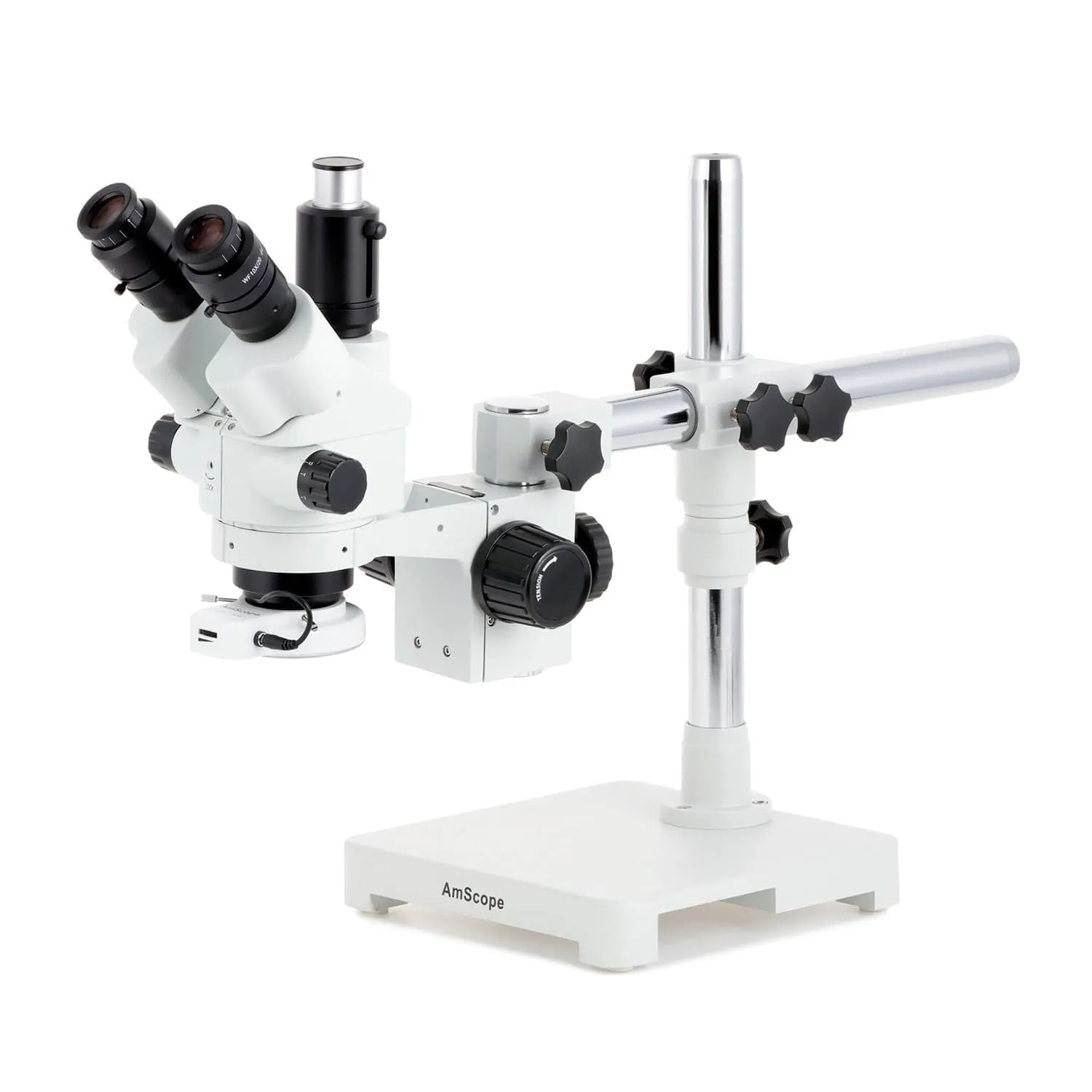 AmScope SM-3 Series Simul-Focal Lockable Zoom Trinocular Stereo Microscope with 144 LED Compact Ring Light and HDMI Camera on Single Arm Boom Stand