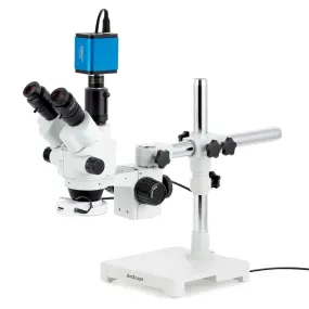 AmScope SM-3 Series Simul-Focal Lockable Zoom Trinocular Stereo Microscope with 144 LED Compact Ring Light and HDMI Camera on Single Arm Boom Stand