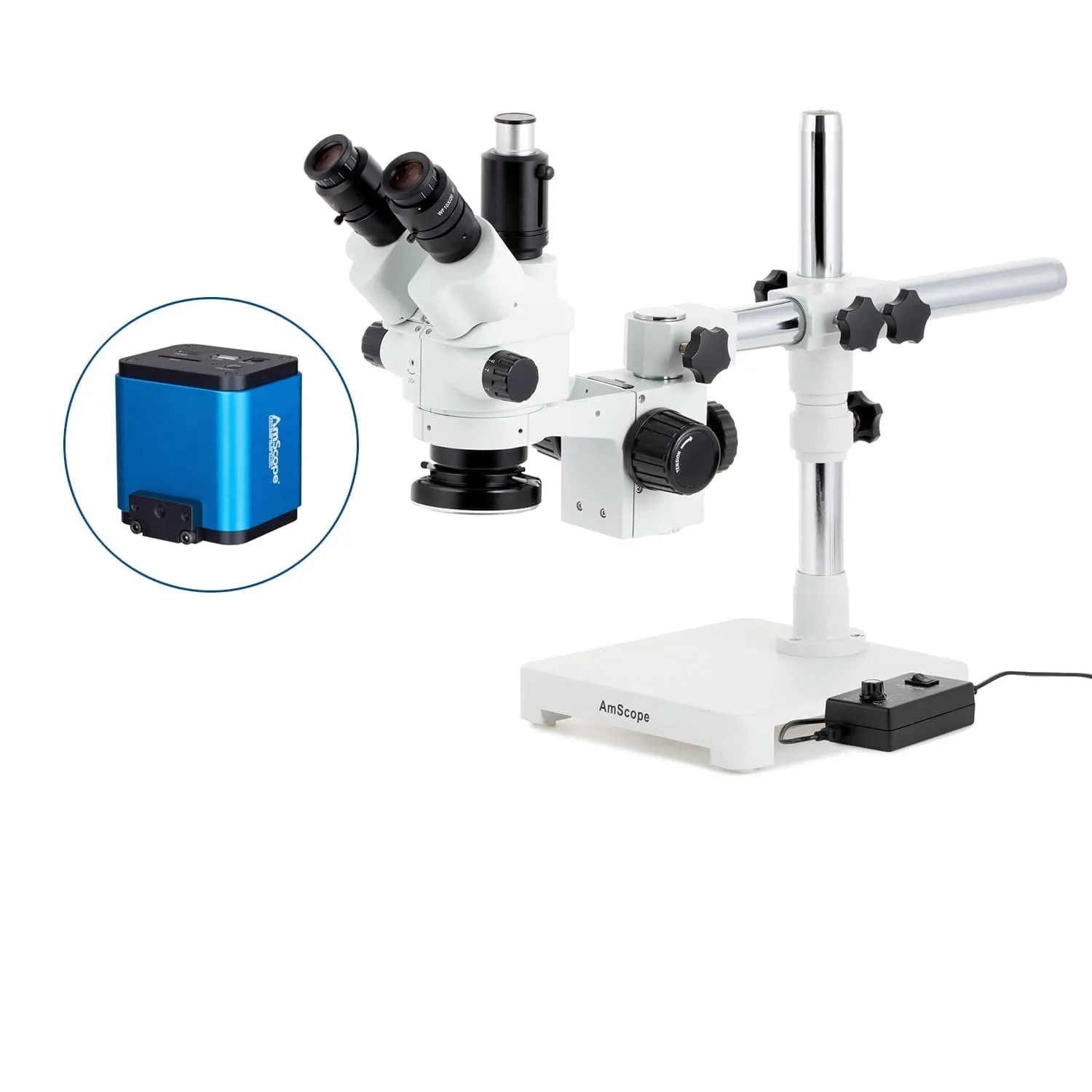 AmScope SM-3 Series Simul-Focal Lockable Zoom Trinocular Stereo Microscope with 144 LED Ring Light and HDMI Camera on Single Arm Boom Stand