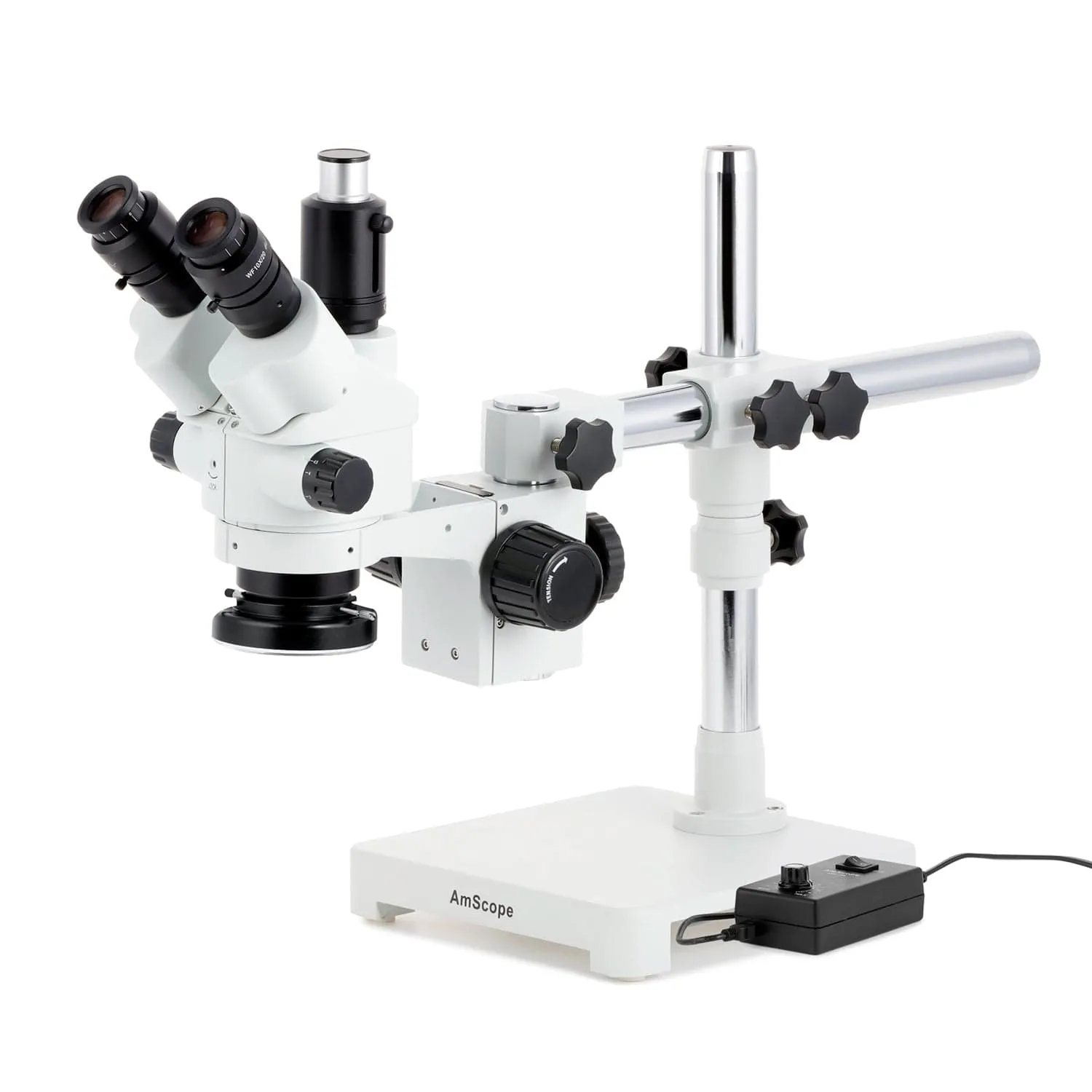 AmScope SM-3 Series Simul-Focal Lockable Zoom Trinocular Stereo Microscope with 144 LED Ring Light and HDMI Camera on Single Arm Boom Stand
