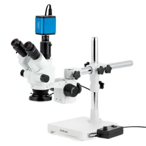 AmScope SM-3 Series Simul-Focal Lockable Zoom Trinocular Stereo Microscope with 144 LED Ring Light and HDMI Camera on Single Arm Boom Stand