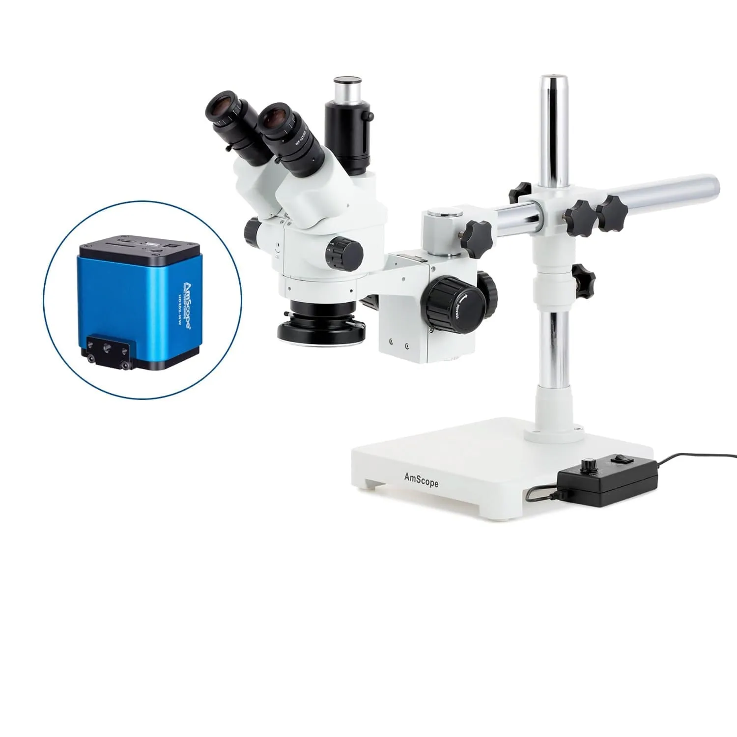 AmScope SM-3 Series Simul-Focal Lockable Zoom Trinocular Stereo Microscope with 144 LED Ring Light and HDMI Camera on Single Arm Boom Stand