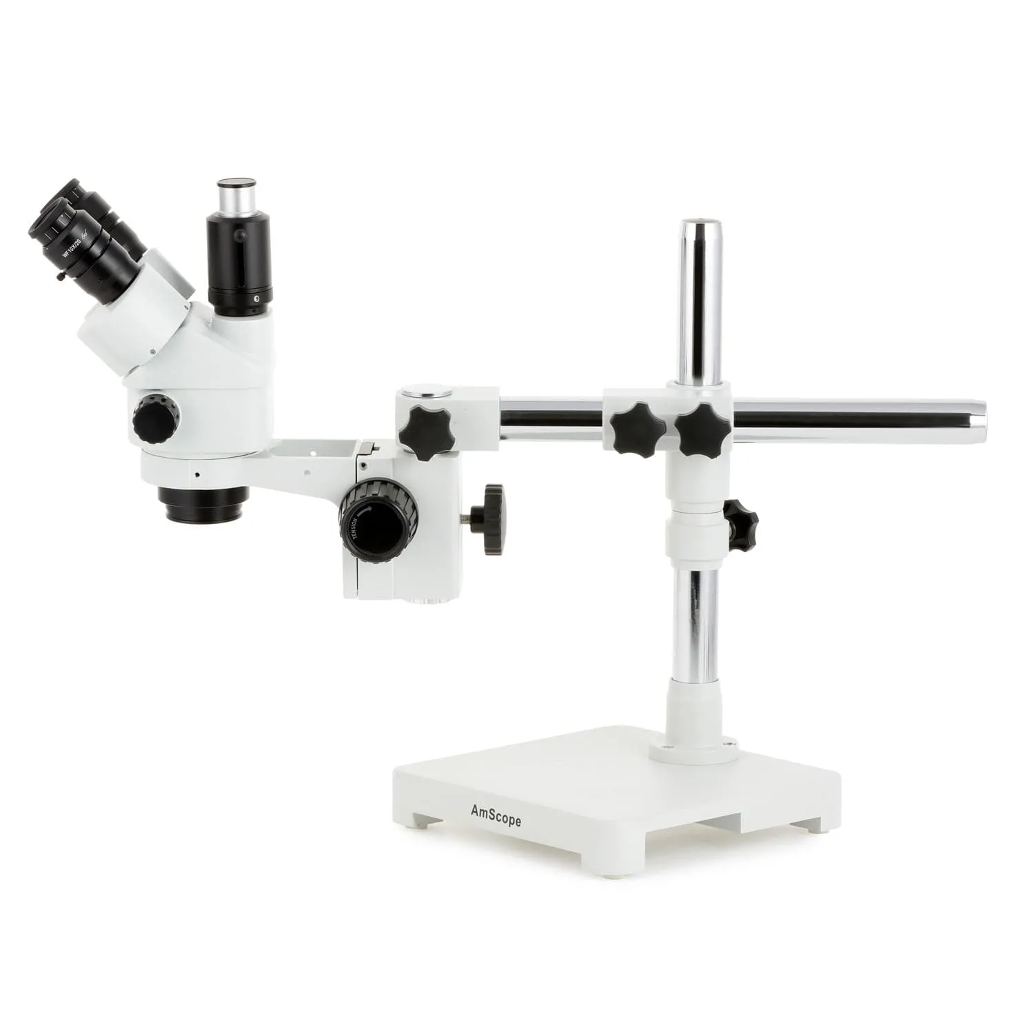AmScope SM-3 Series Simul-Focal Lockable Zoom Trinocular Stereo Microscope with 150W Halogen Ring Light and HDMI Camera on Single Arm Boom Stand