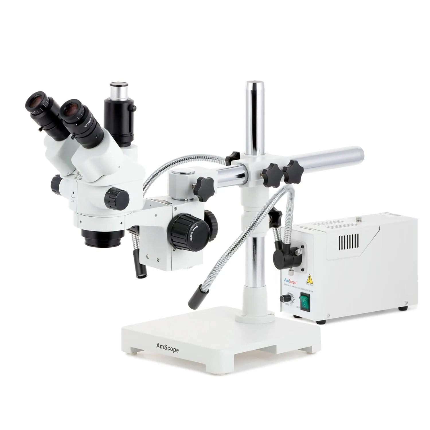 AmScope SM-3 Series Simul-Focal Lockable Zoom Trinocular Stereo Microscope with 150W Halogen Ring Light and HDMI Camera on Single Arm Boom Stand