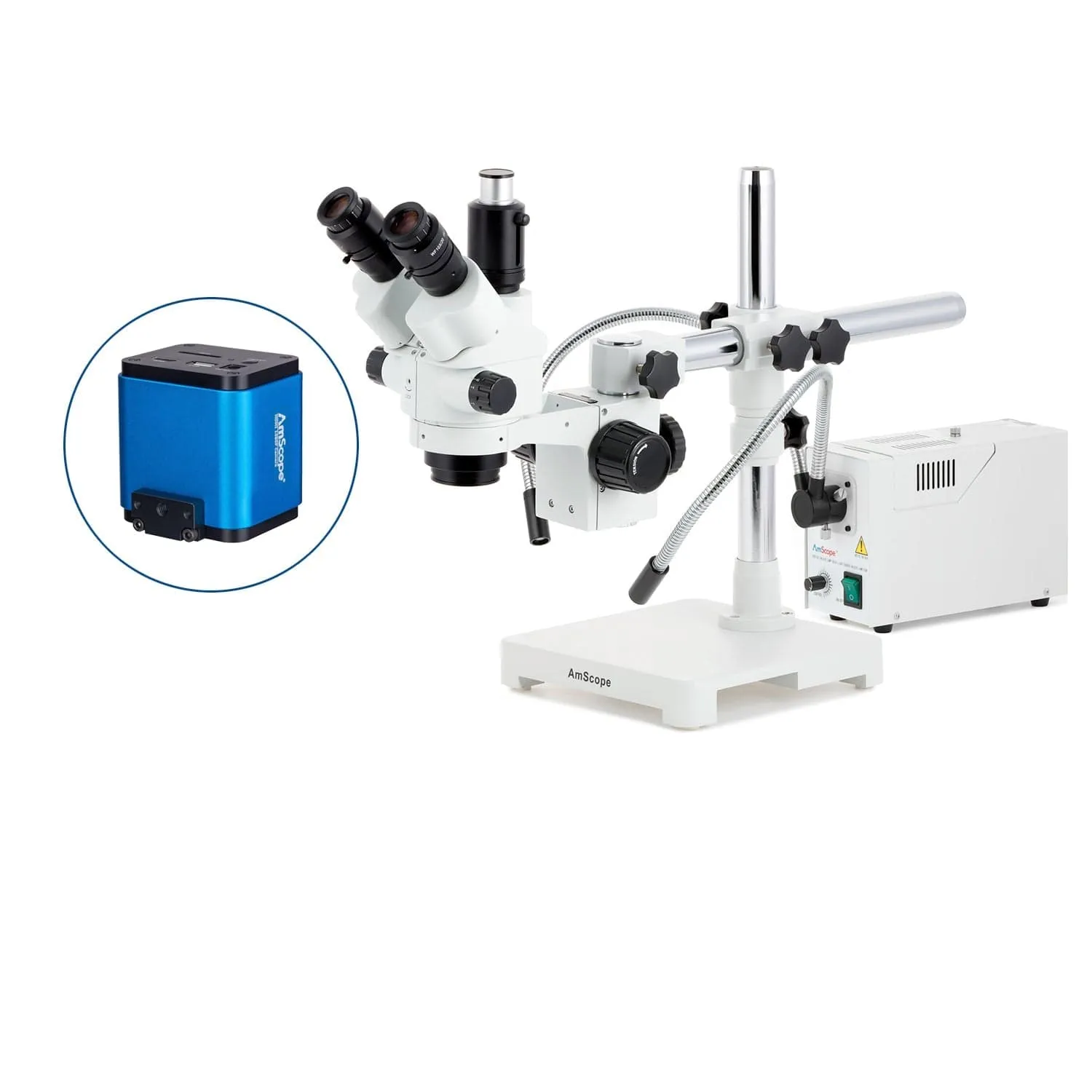 AmScope SM-3 Series Simul-Focal Lockable Zoom Trinocular Stereo Microscope with 150W Halogen Ring Light and HDMI Camera on Single Arm Boom Stand