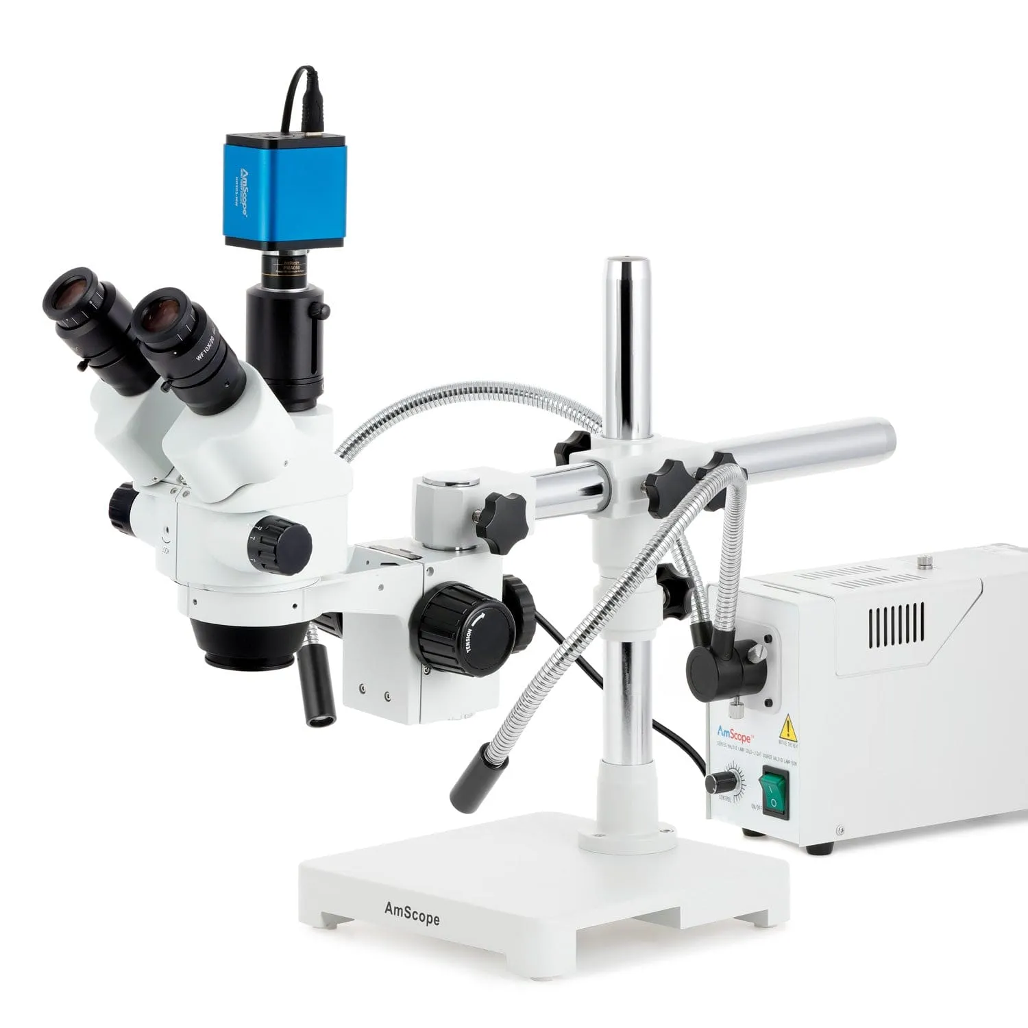 AmScope SM-3 Series Simul-Focal Lockable Zoom Trinocular Stereo Microscope with 150W Halogen Ring Light and HDMI Camera on Single Arm Boom Stand