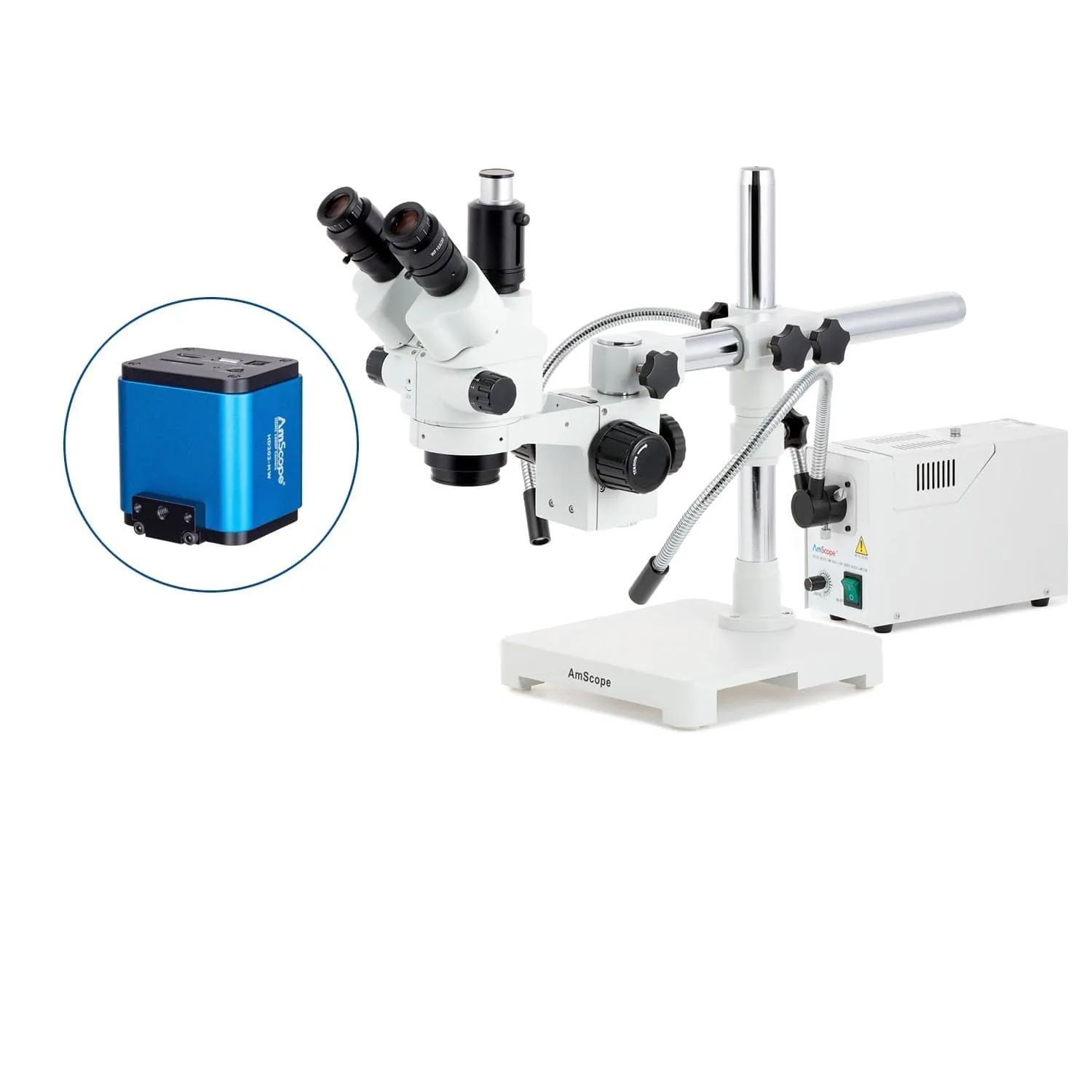 AmScope SM-3 Series Simul-Focal Lockable Zoom Trinocular Stereo Microscope with 150W Halogen Ring Light and HDMI Camera on Single Arm Boom Stand