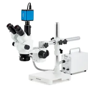 AmScope SM-3 Series Simul-Focal Lockable Zoom Trinocular Stereo Microscope with 30W LED Fiber Optic Ring Light and HDMI Camera on Single Arm Boom Stand