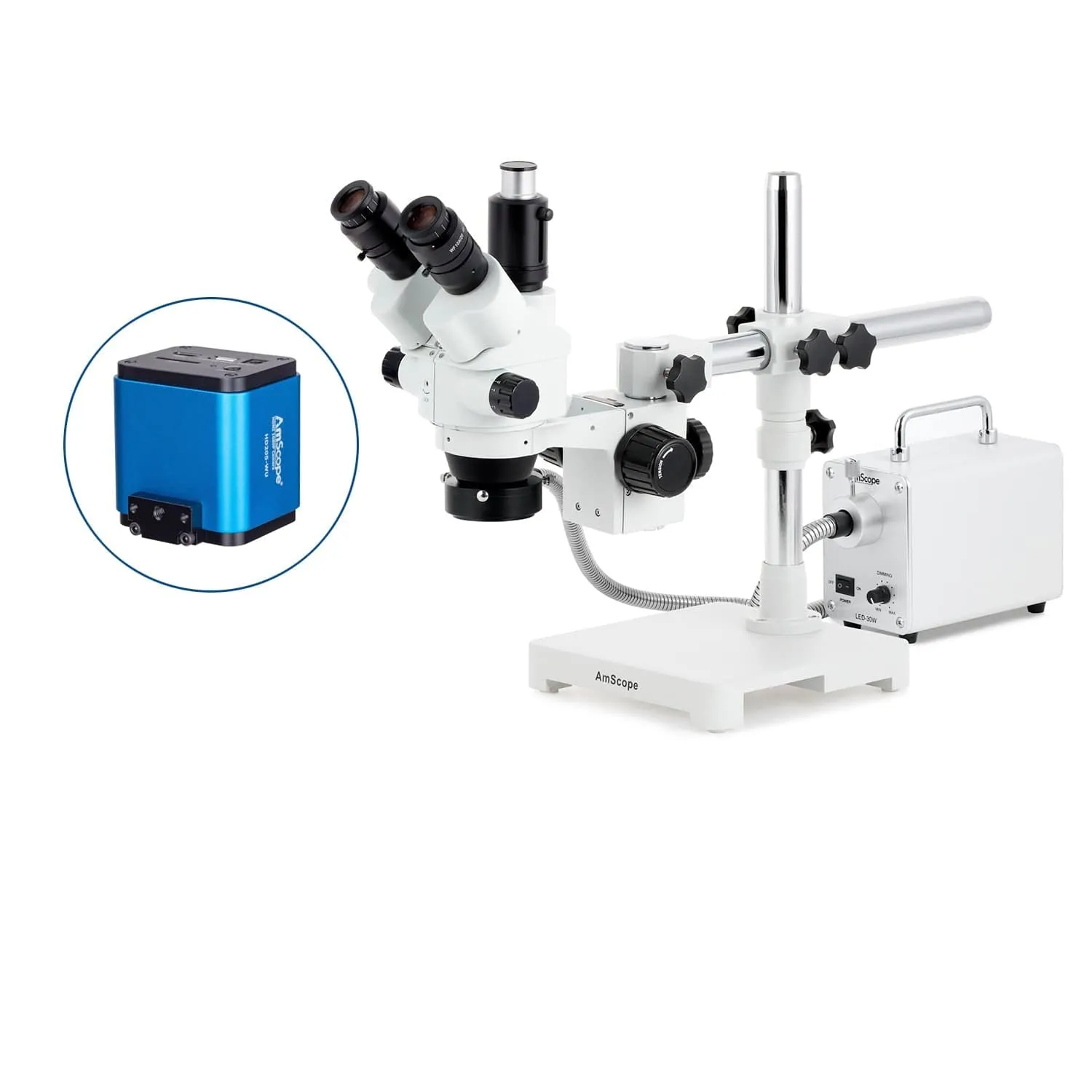 AmScope SM-3 Series Simul-Focal Lockable Zoom Trinocular Stereo Microscope with 30W LED Fiber Optic Ring Light and HDMI Camera on Single Arm Boom Stand