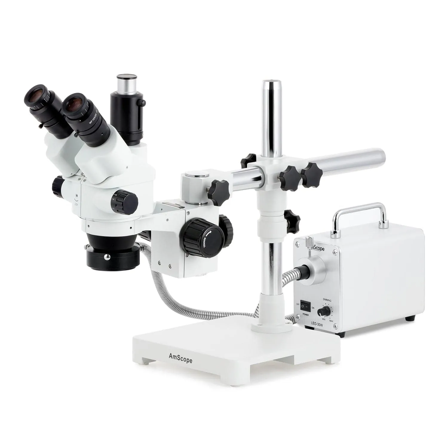 AmScope SM-3 Series Simul-Focal Lockable Zoom Trinocular Stereo Microscope with 30W LED Fiber Optic Ring Light and HDMI Camera on Single Arm Boom Stand