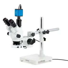 AmScope SM-3 Series Simul-Focal Lockable Zoom Trinocular Stereo Microscope with 80 LED Compact Ring Light and HDMI Camera on Single Arm Boom Stand