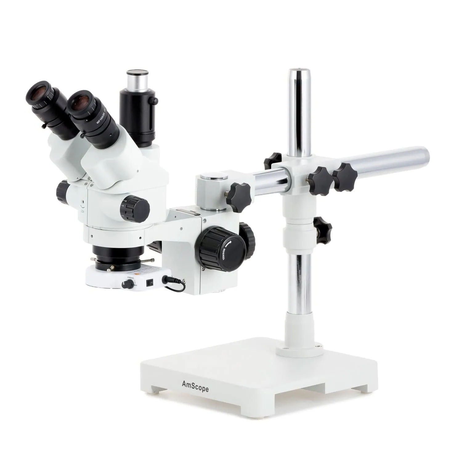 AmScope SM-3 Series Simul-Focal Lockable Zoom Trinocular Stereo Microscope with 80 LED Compact Ring Light and HDMI Camera on Single Arm Boom Stand