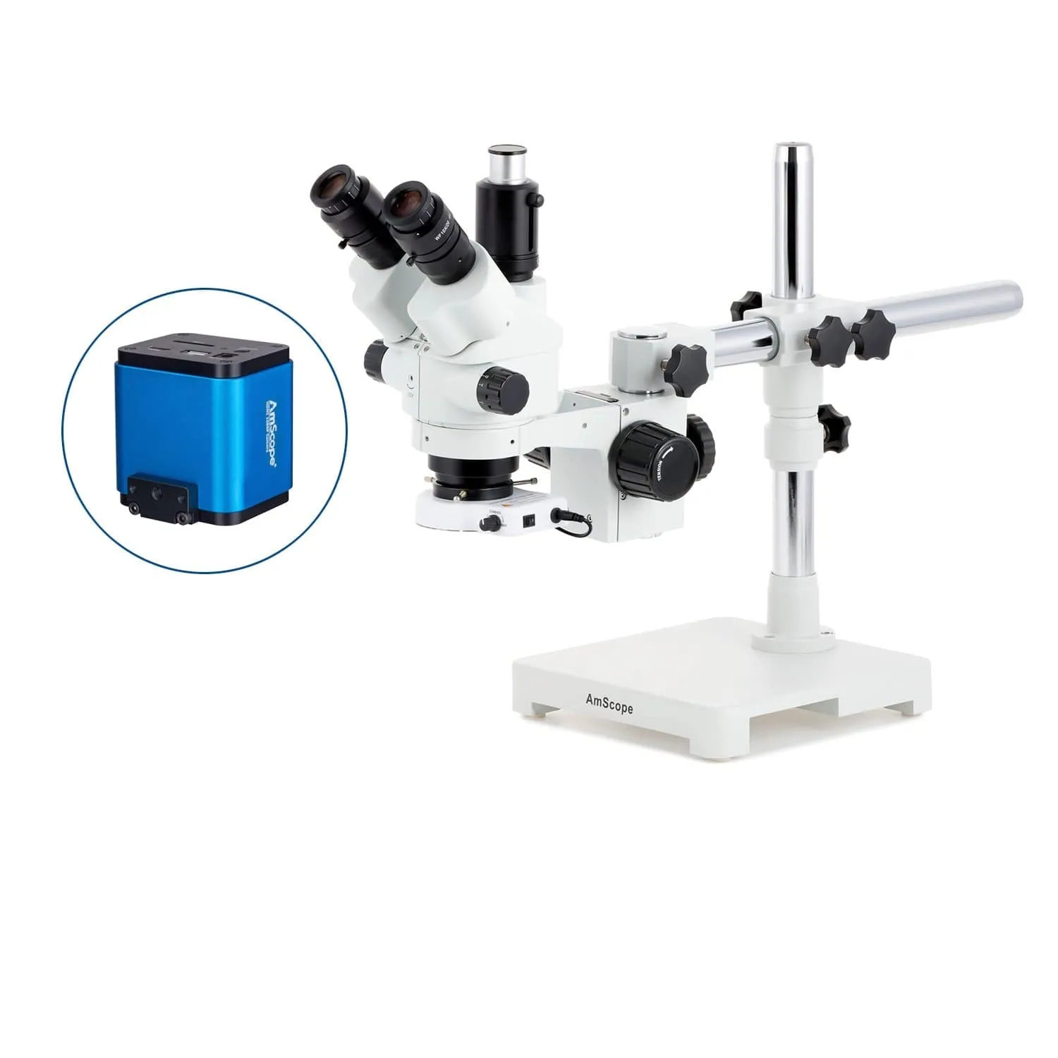 AmScope SM-3 Series Simul-Focal Lockable Zoom Trinocular Stereo Microscope with 80 LED Compact Ring Light and HDMI Camera on Single Arm Boom Stand