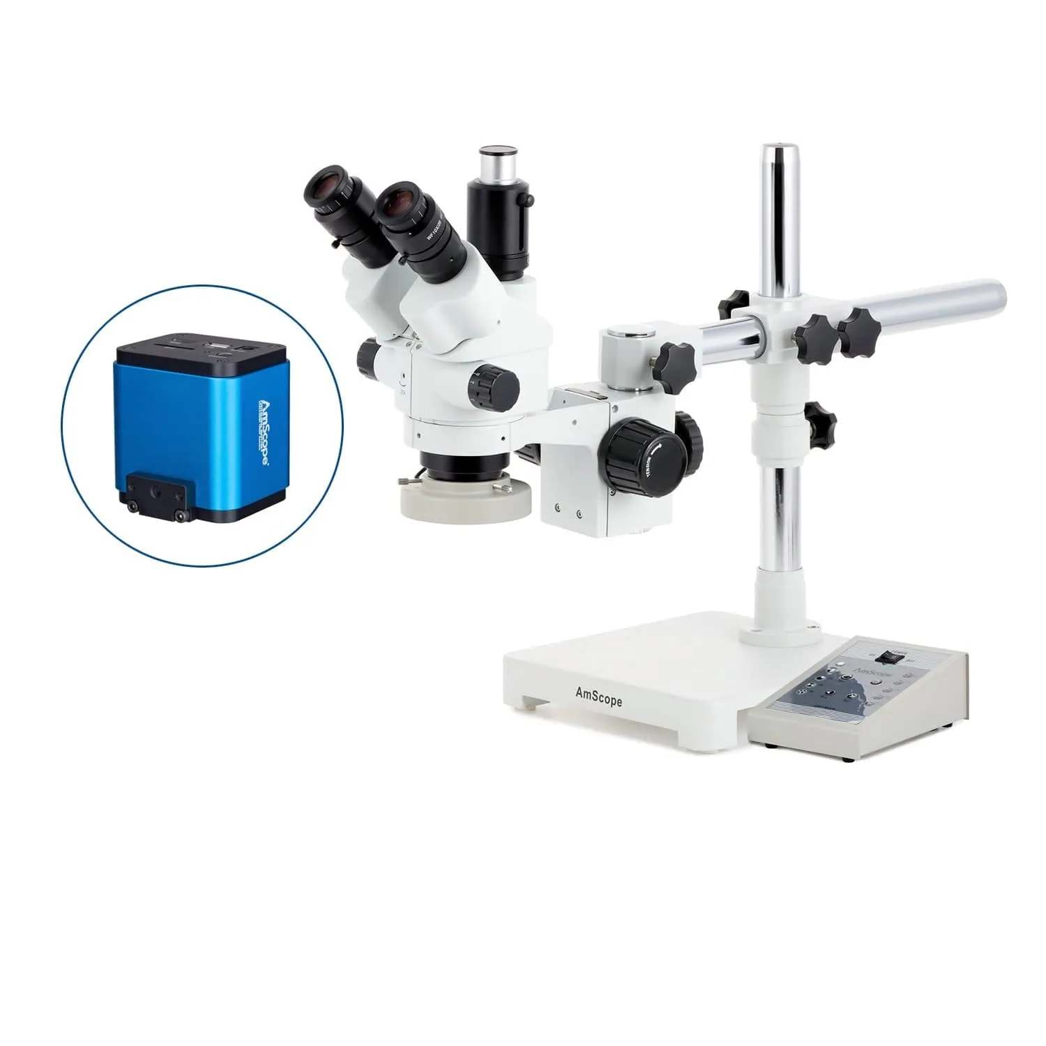 AmScope SM-3 Series Simul-Focal Lockable Zoom Trinocular Stereo Microscope with 80 LED Direction Variable Ring Light and HDMI Camera on Single Arm Boom Stand