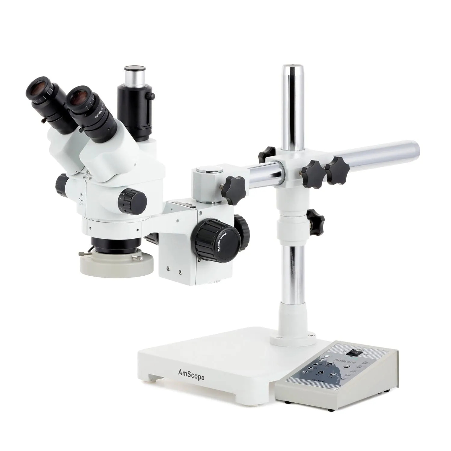 AmScope SM-3 Series Simul-Focal Lockable Zoom Trinocular Stereo Microscope with 80 LED Direction Variable Ring Light and HDMI Camera on Single Arm Boom Stand