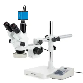 AmScope SM-3 Series Simul-Focal Lockable Zoom Trinocular Stereo Microscope with 80 LED Direction Variable Ring Light and HDMI Camera on Single Arm Boom Stand